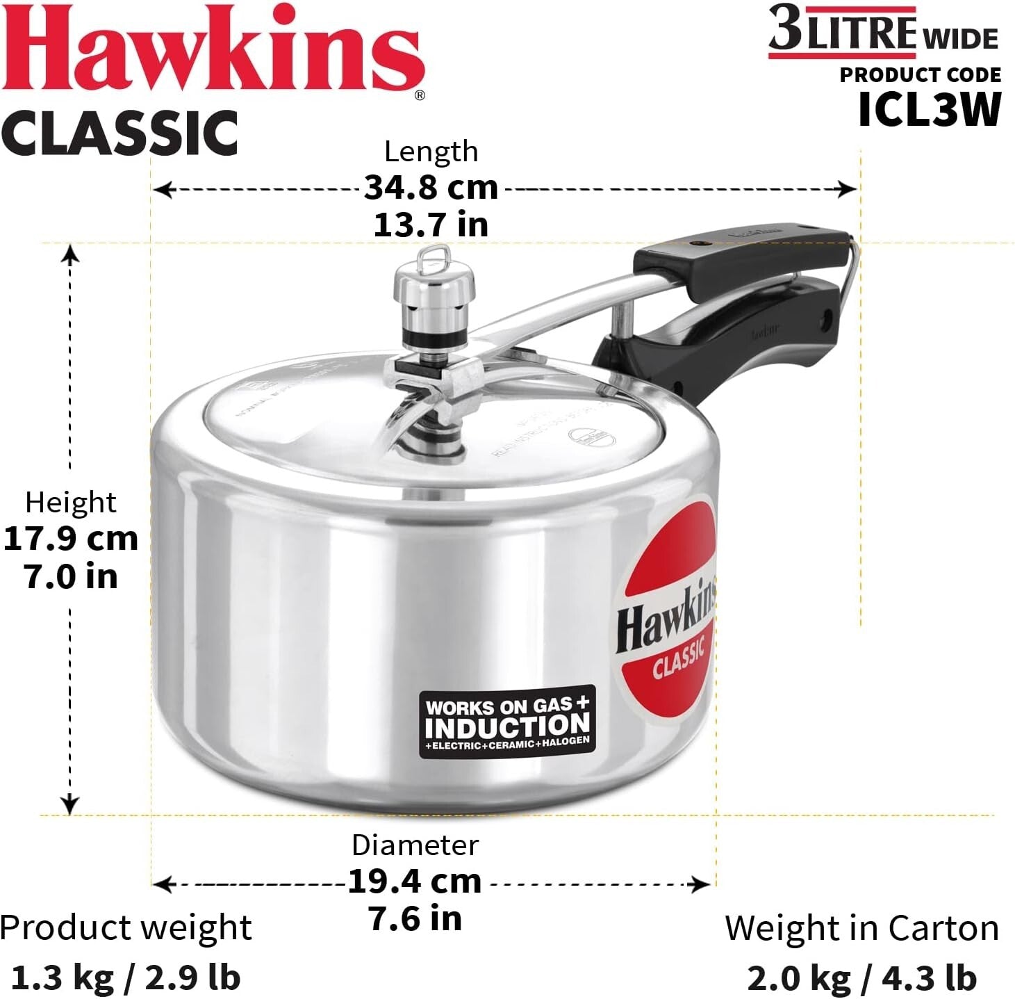 Hawkins Classic Induction Compatible Wide Pressure Cooker, 3 Litre Capacity